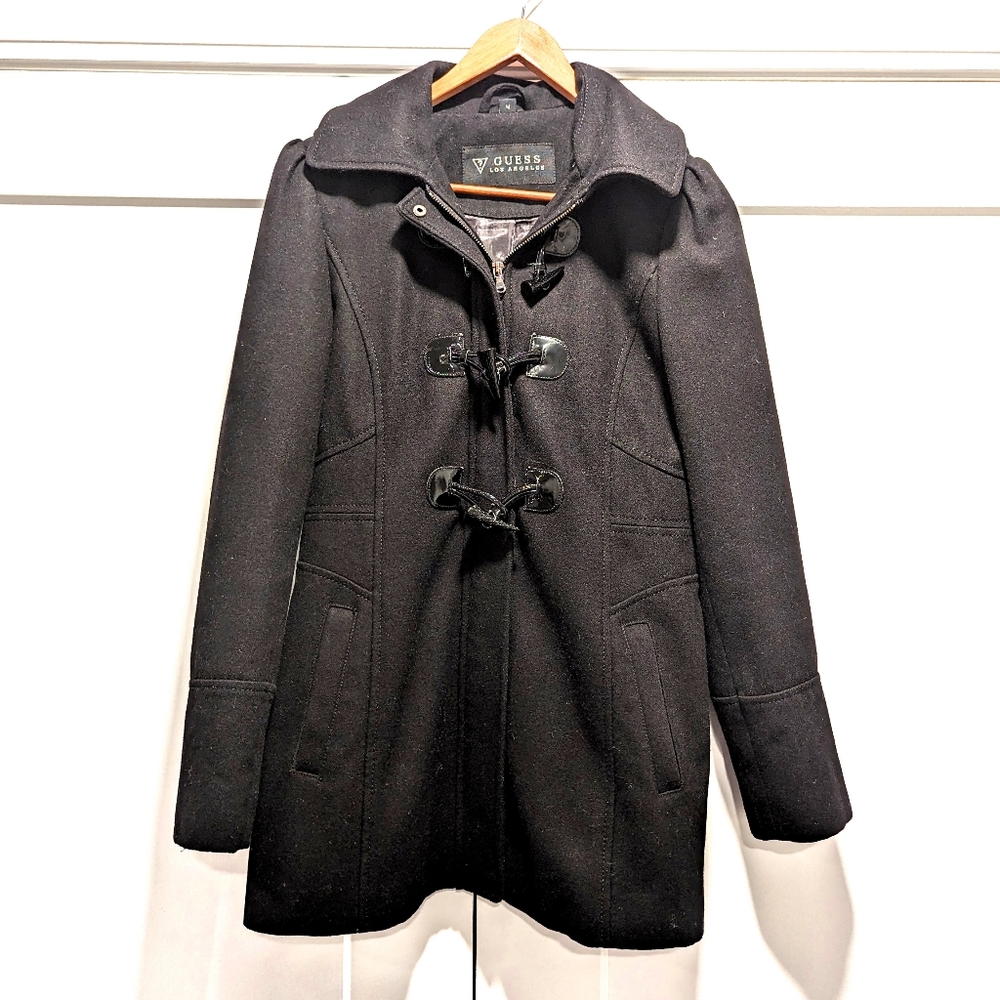 GUESS women's black wool blend toggle buttons hooded peacoat size medium
